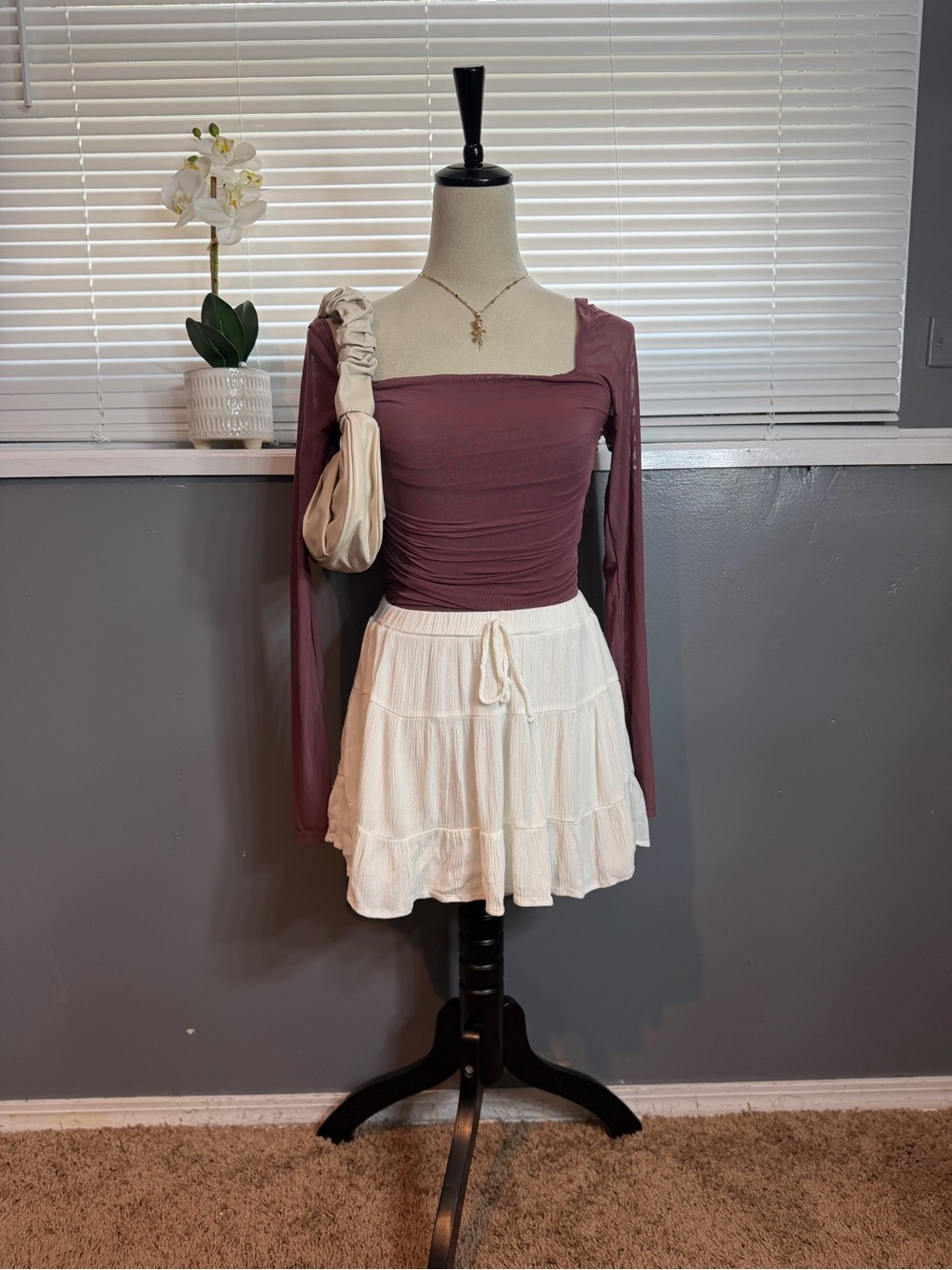 Avidlove Mauve Ruched Mesh Bodysuit Size L Square Neck Long Sleeve Y2K